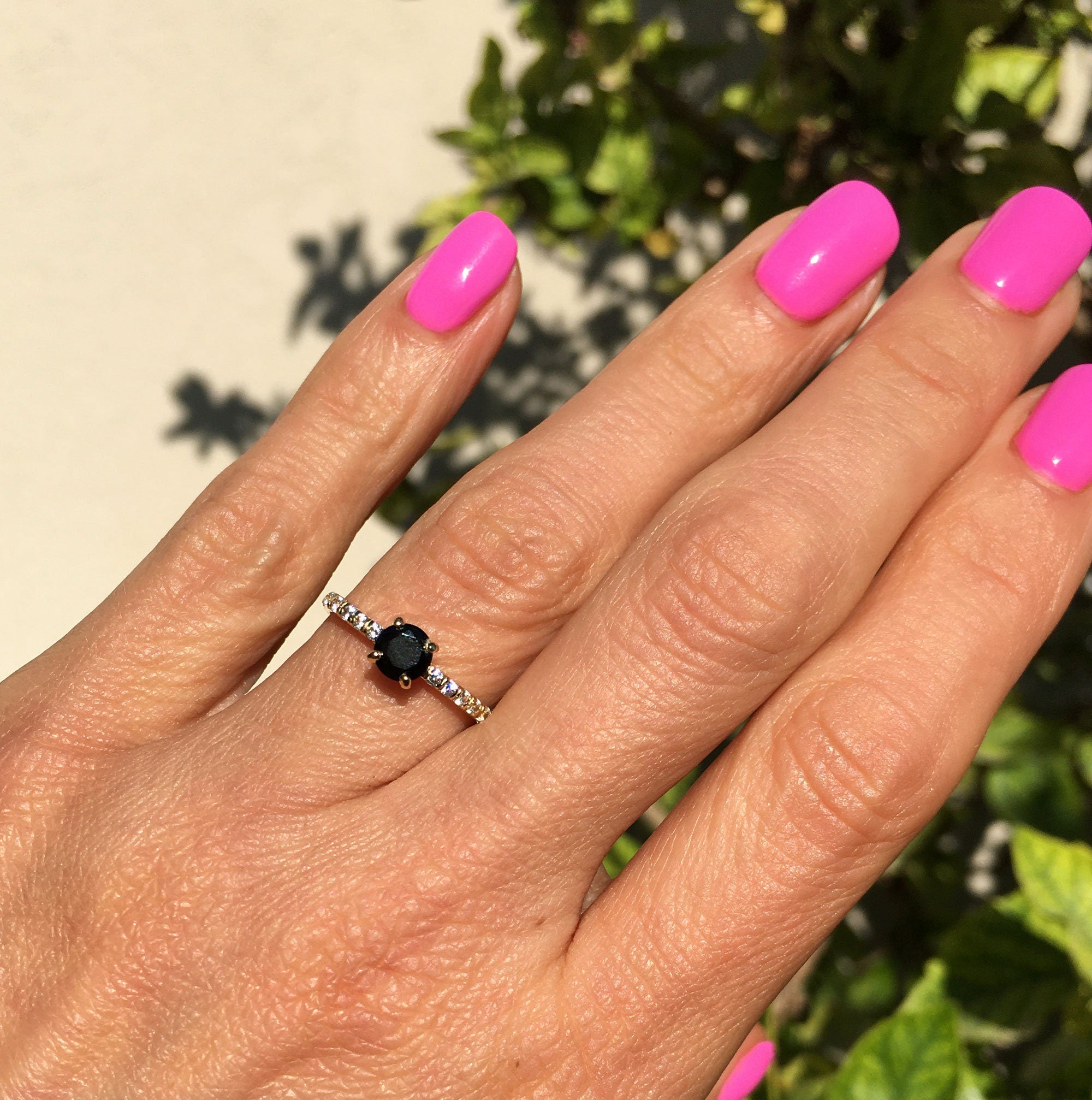 Round Black Onyx Delicate Ring with Clear Quartz Accents - H.L.Jewelry