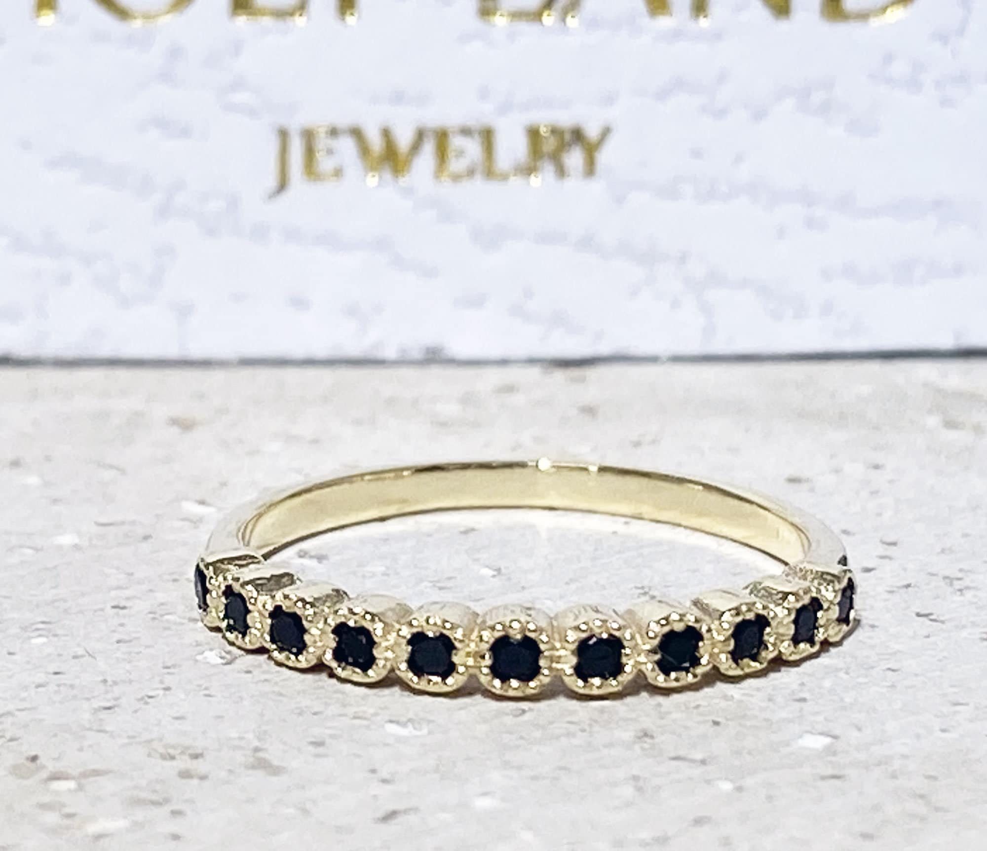 Round Black Onyx Eleven Stone Half Eternity Stacking Ring - H.L.Jewelry