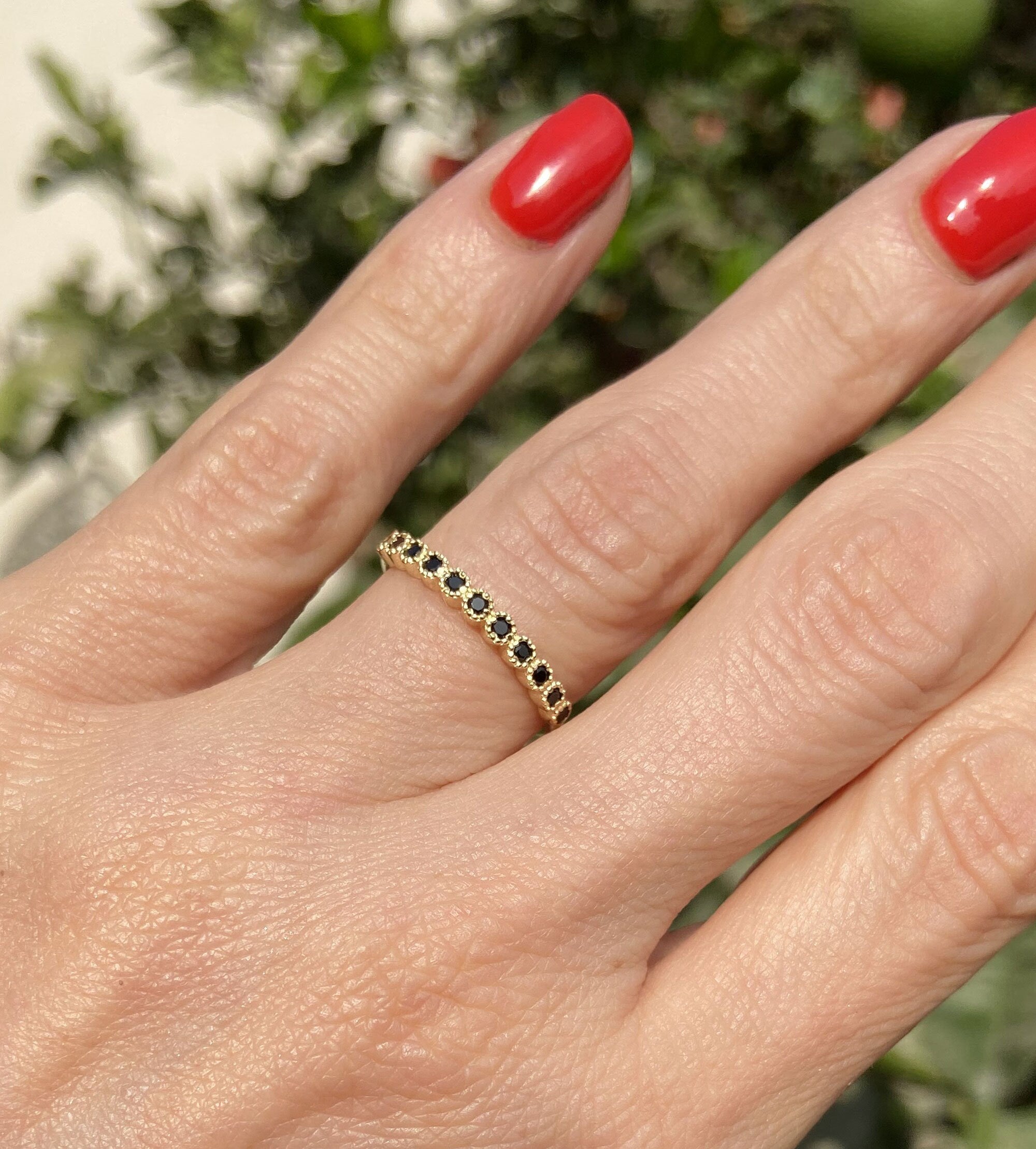 Round Black Onyx Eleven Stone Half Eternity Stacking Ring - H.L.Jewelry