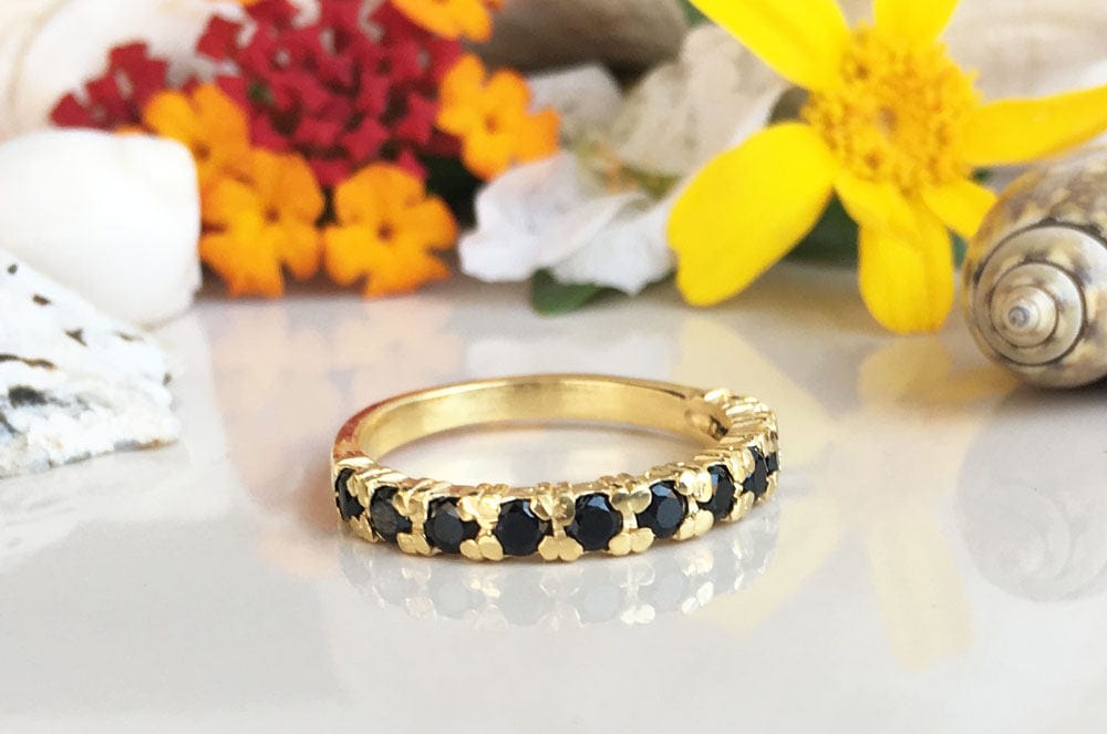Round Black Onyx Eleven Stone Stacking Half Eternity Ring - H.L.Jewelry