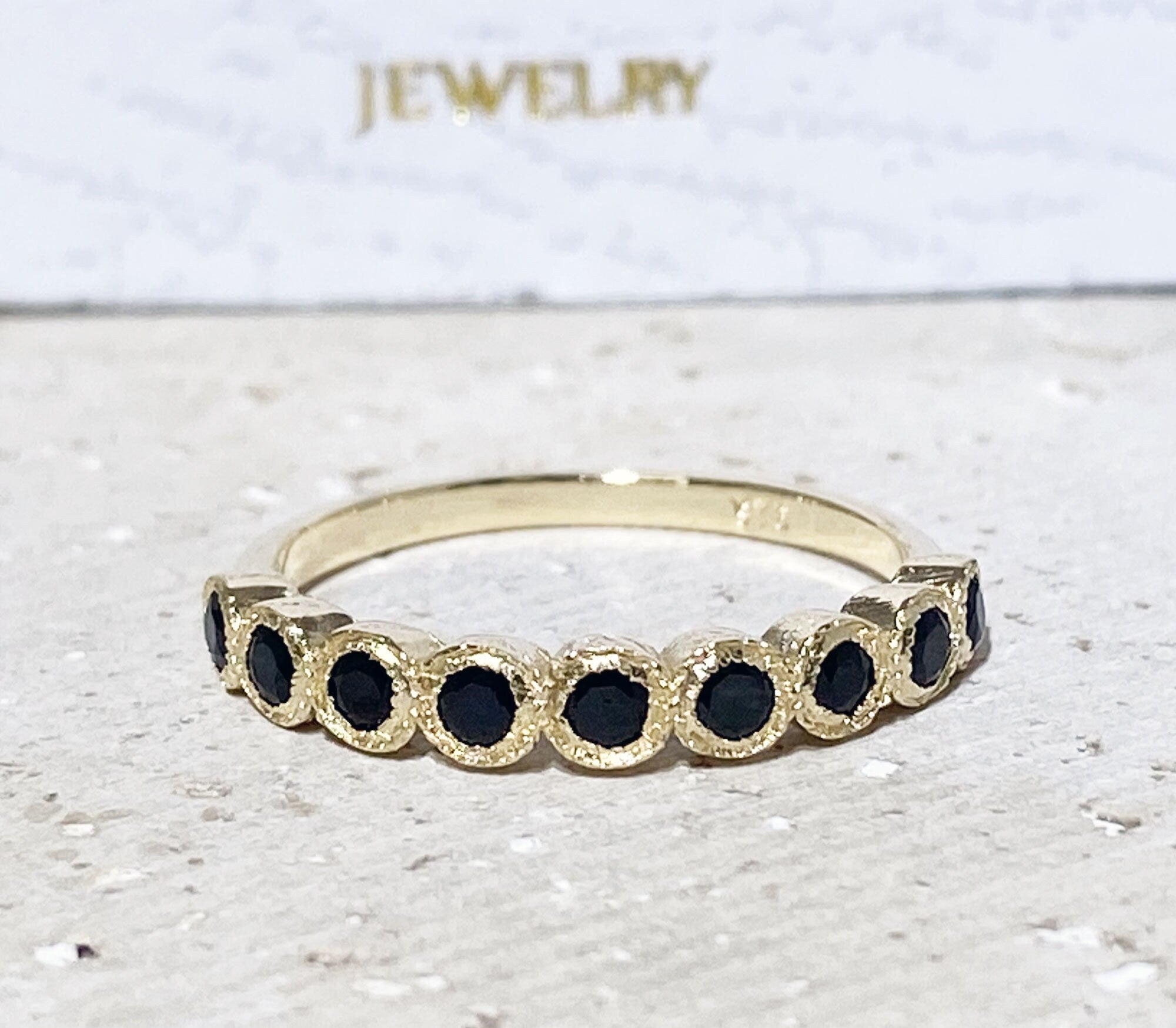 Round Black Onyx Nine Stone Half Eternity Stacking Ring - H.L.Jewelry