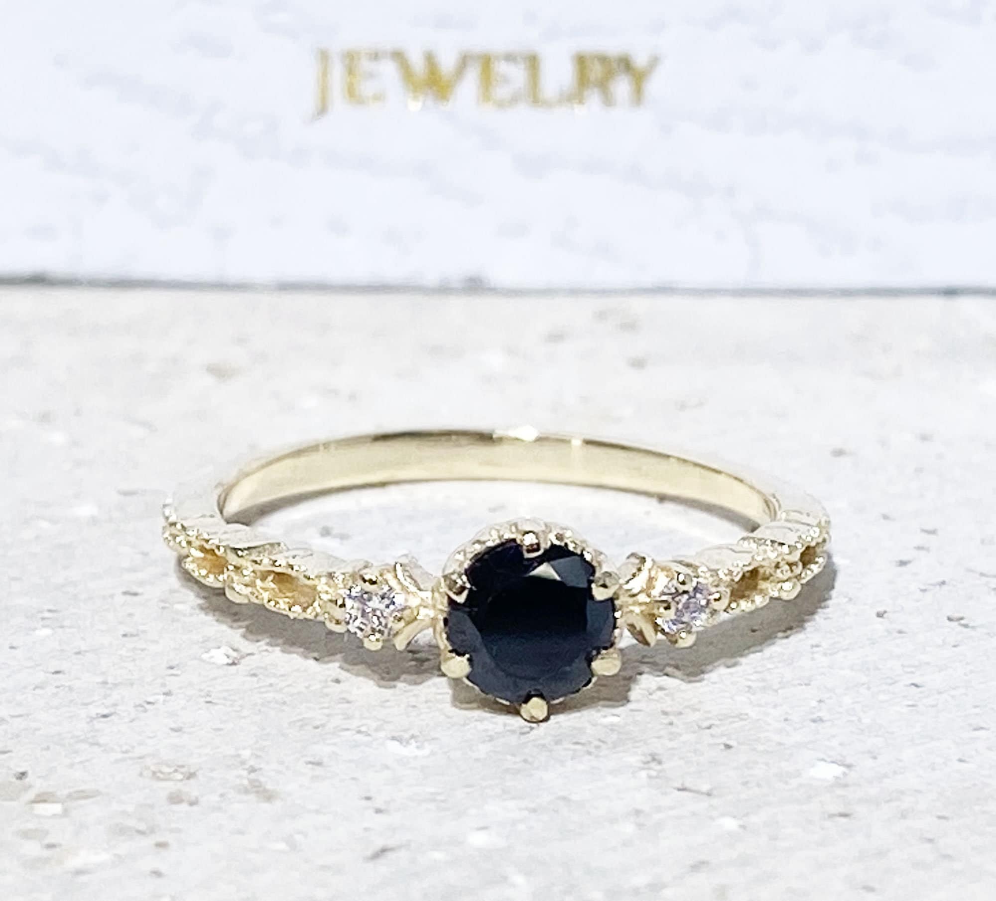 Round Black Onyx Stackable Ring with Clear Quartz Accents - H.L.Jewelry