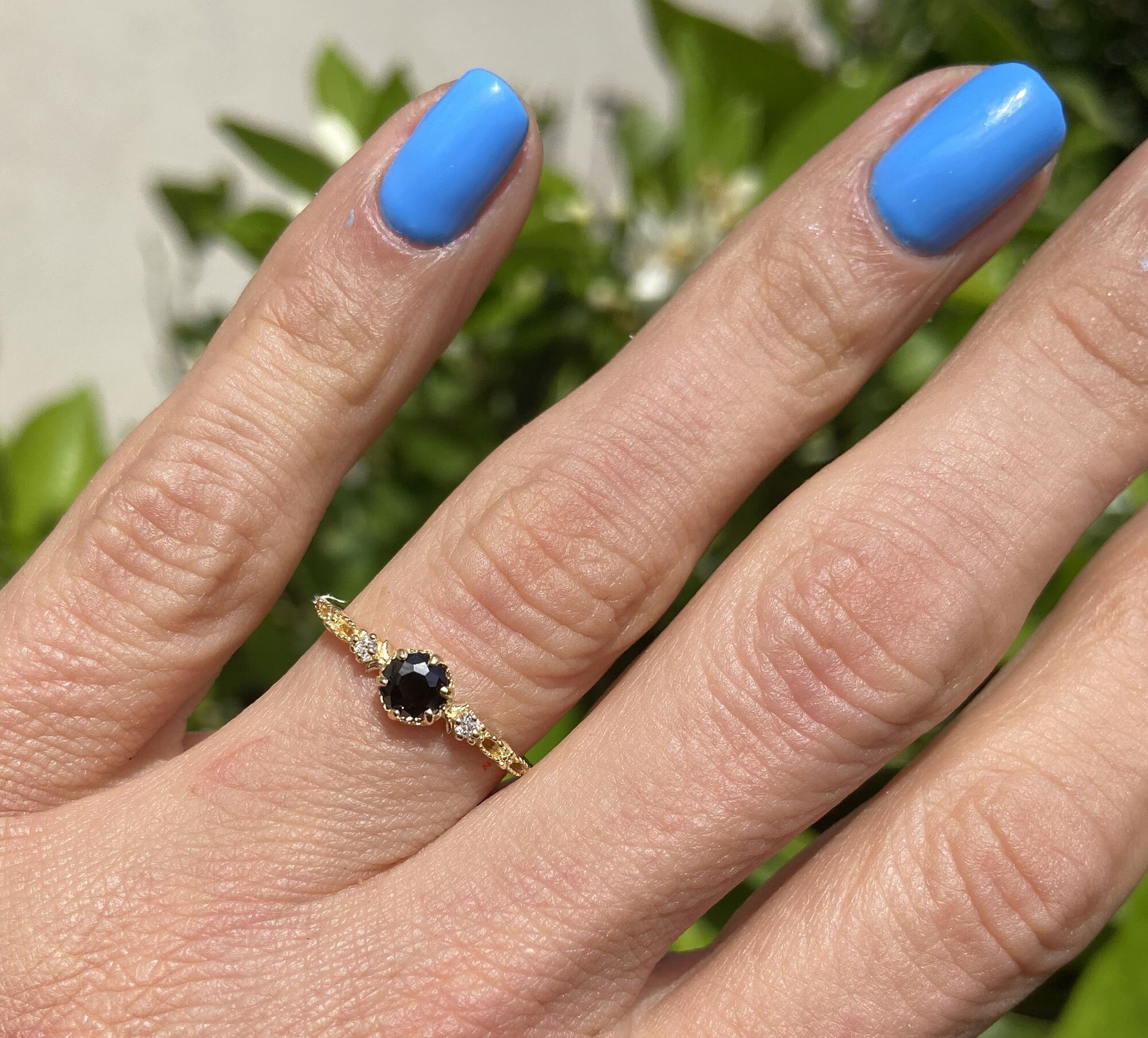 Round Black Onyx Stackable Ring with Clear Quartz Accents - H.L.Jewelry