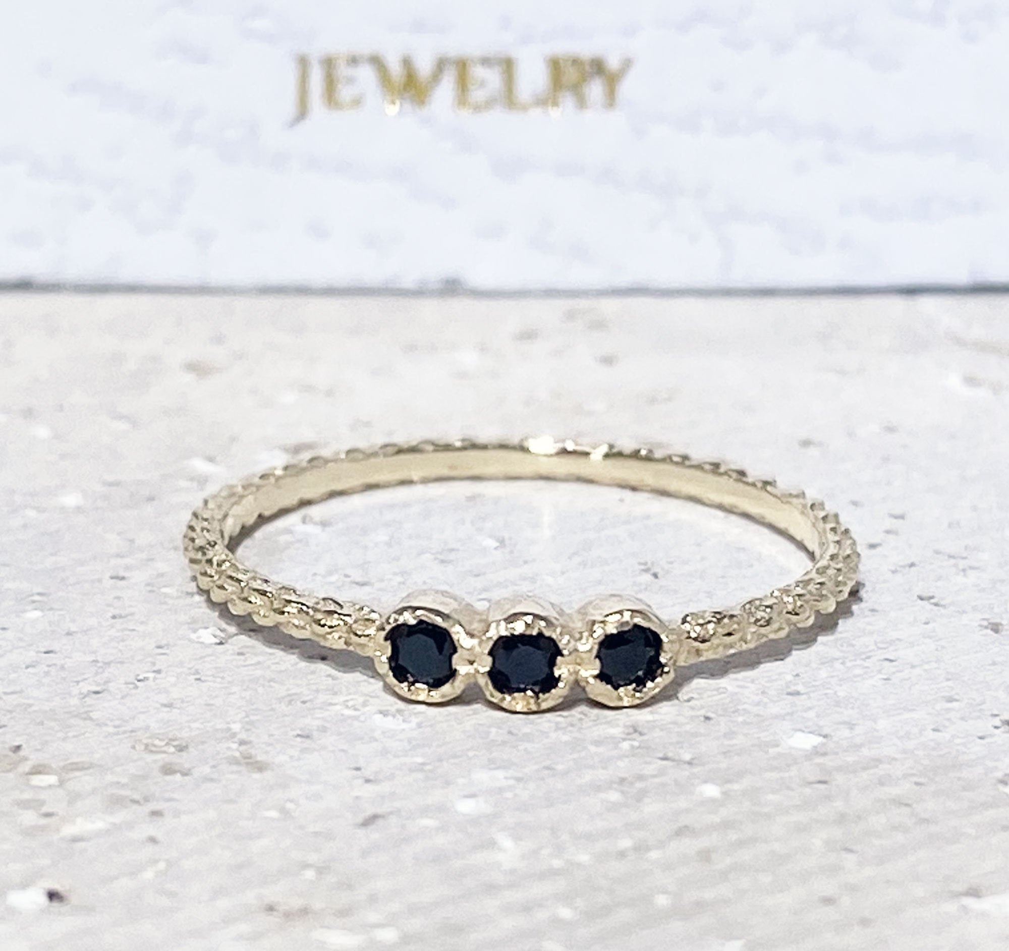 Round Black Onyx Three Stone Simple Stackable Ring - H.L.Jewelry