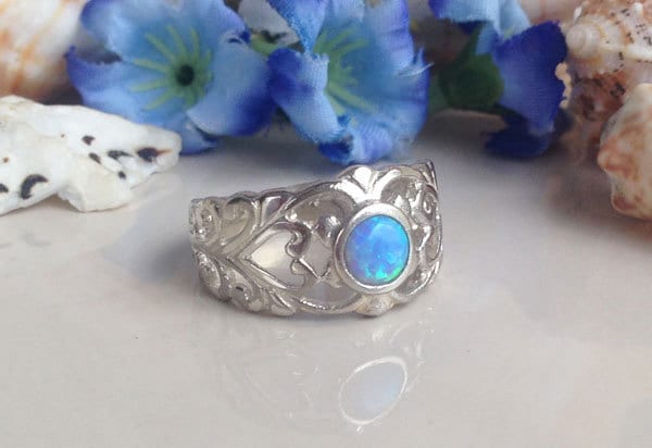 Round Blue Opal Wide Filigree Ring - H.L.Jewelry
