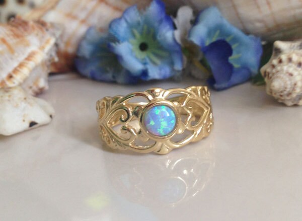 Round Blue Opal Wide Filigree Ring - H.L.Jewelry