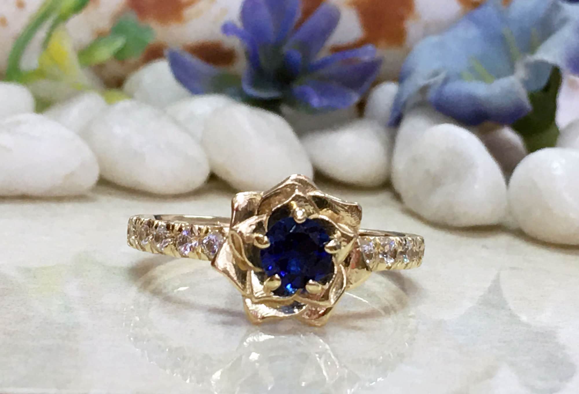 Round Blue Sapphire Camellia Ring with Clear Quartz Accents - H.L.Jewelry