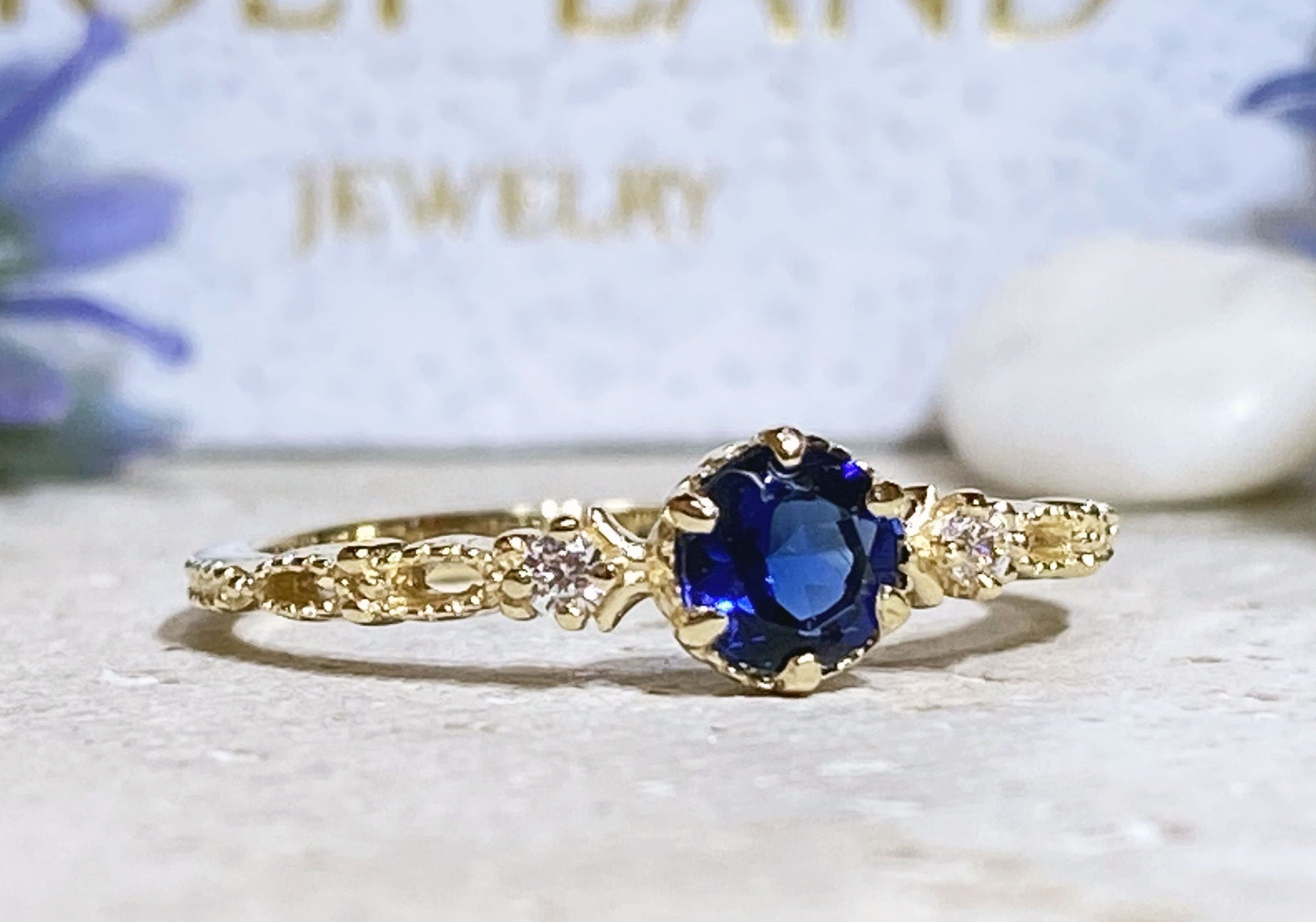 Round Blue Sapphire Delicate Ring with Clear Quartz Accents - H.L.Jewelry