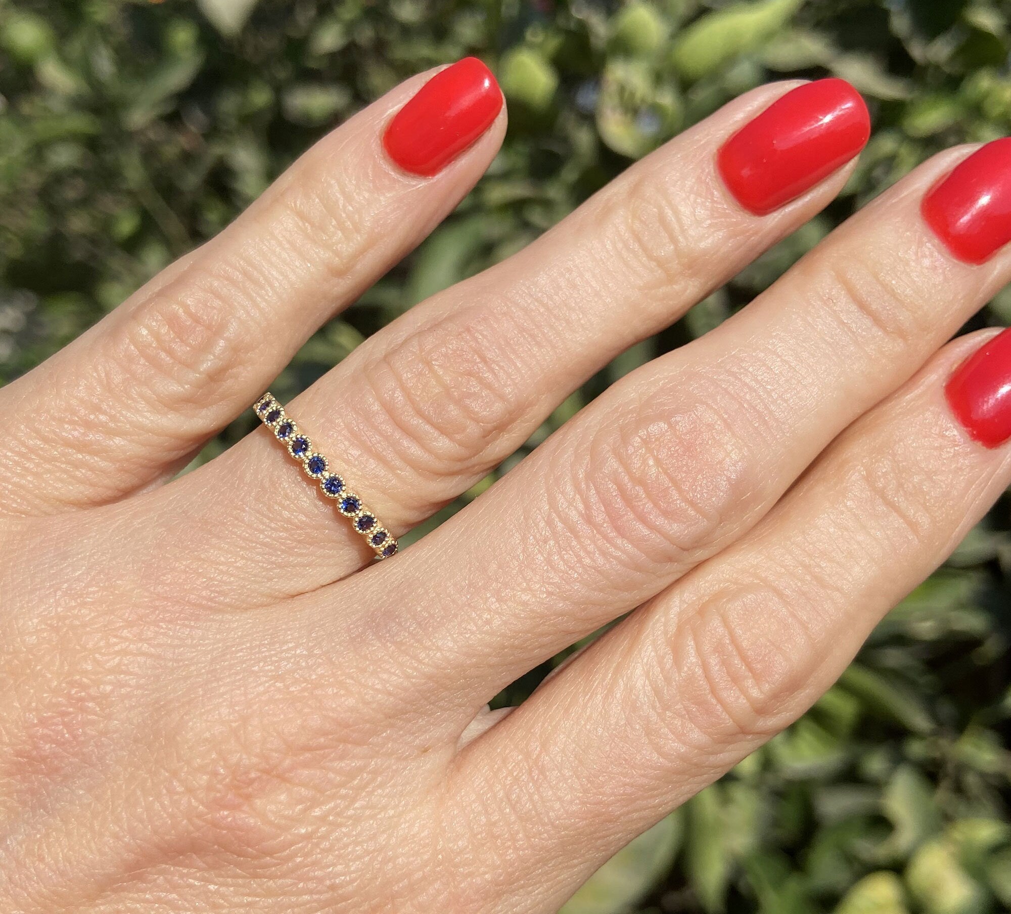 Round Blue Sapphire Eleven Stone Stackable Half Eternity Ring - H.L.Jewelry