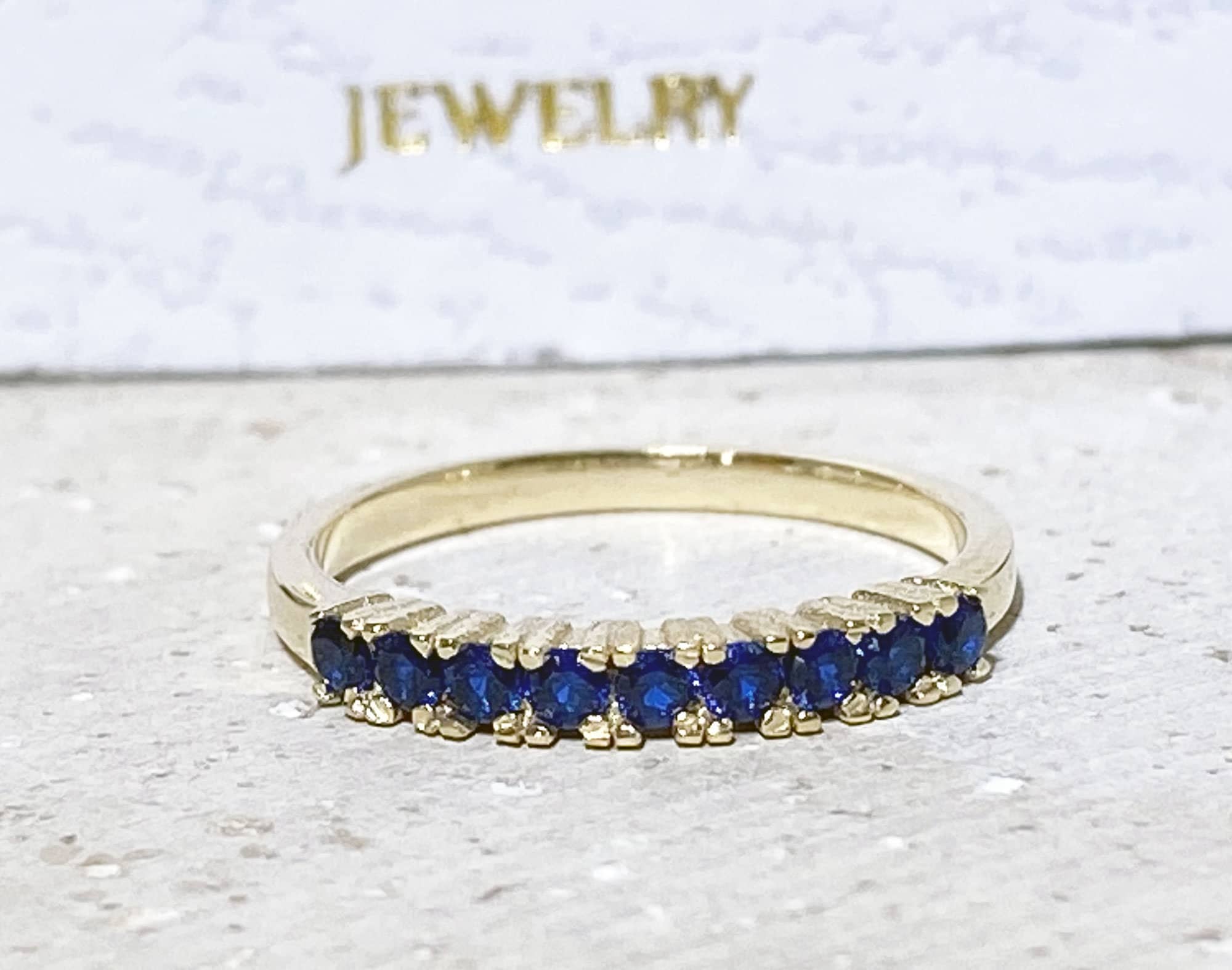 Round Blue Sapphire Nine Stone Stackable Half Eternity Ring - H.L.Jewelry