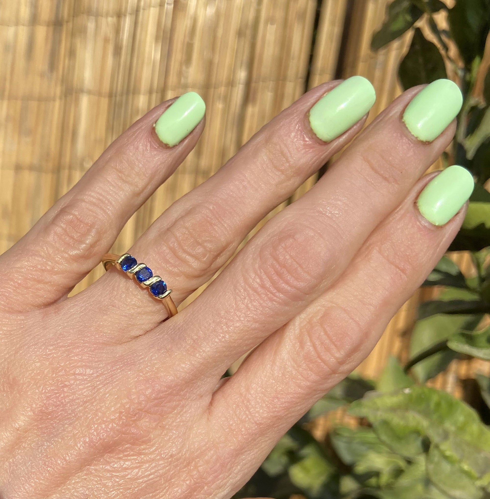 Round Blue Sapphire Three Stone Simple Stacking Ring - H.L.Jewelry