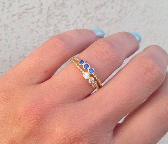 Round Blue Sapphire and Clear Quartz Gemstone Stackable Dual-Ring Set - H.L.Jewelry