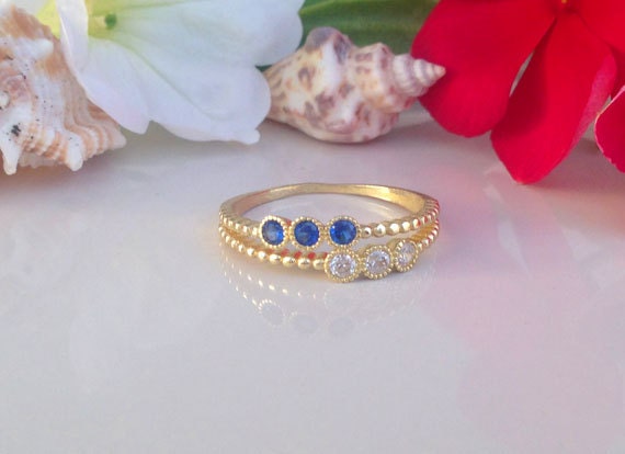 Round Blue Sapphire and Clear Quartz Gemstone Stackable Dual-Ring Set - H.L.Jewelry
