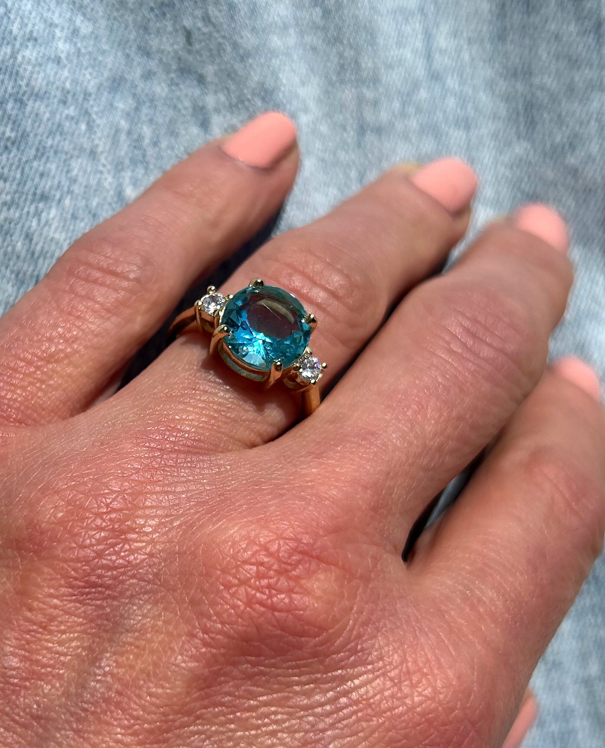 Round Blue Topaz Cocktail Ring with Clear Quartz Accents - H.L.Jewelry