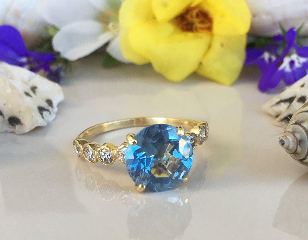 Round Blue Topaz Engagement Ring with Clear Quartz Accents - H.L.Jewelry