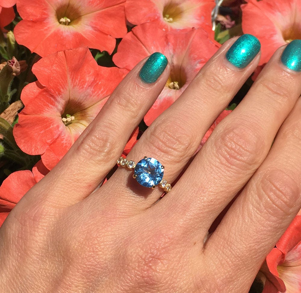 Round Blue Topaz Engagement Ring with Clear Quartz Accents - H.L.Jewelry