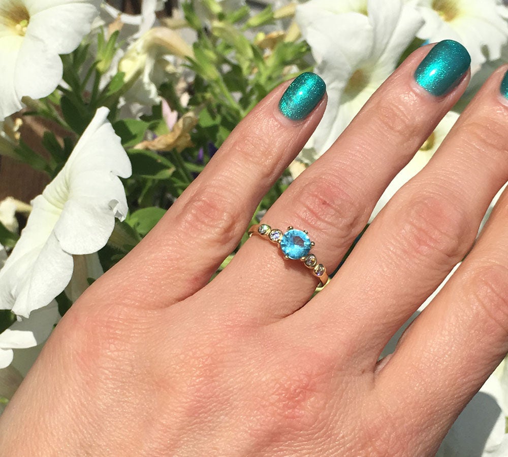 Round Blue Topaz Gemstone Ring with Clear Quartz Accents - H.L.Jewelry