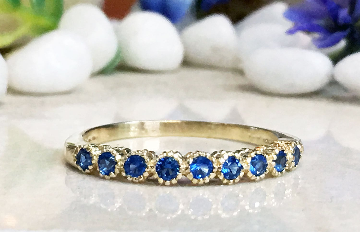 Round Blue Topaz Nine Stone Stackable Half Eternity Ring - H.L.Jewelry