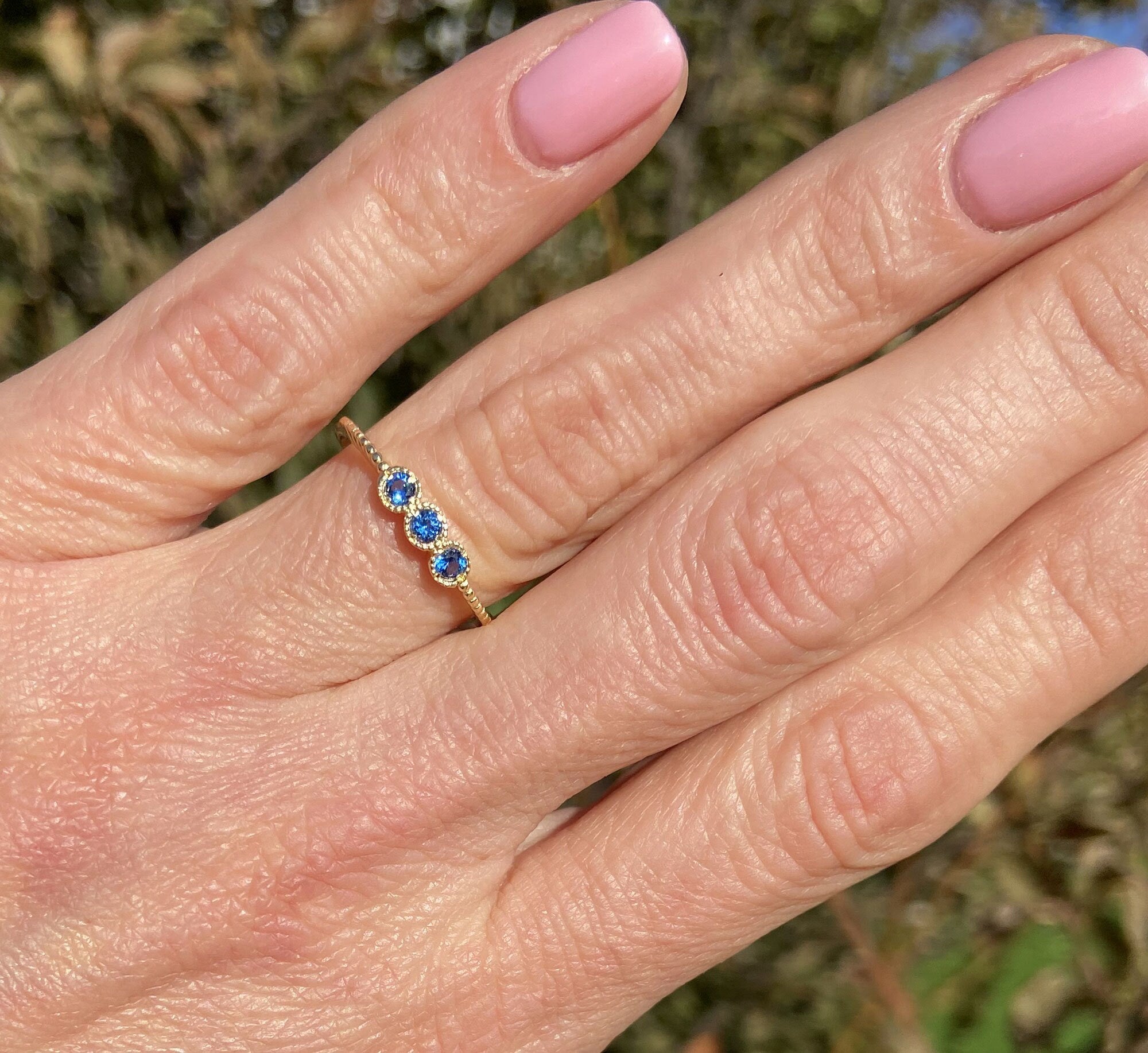 Round Blue Topaz Three Stone Simple Stackable Ring - H.L.Jewelry