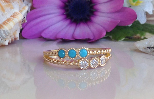 Round Blue Turquoise & Clear Quartz Stackable Dual-Ring Set - H.L.Jewelry