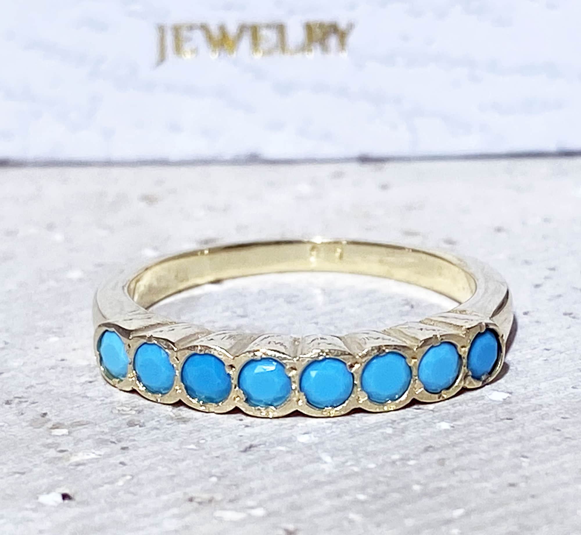 Round Blue Turquoise Eight Stone Stacking Half Eternity Bezel Ring - H.L.Jewelry