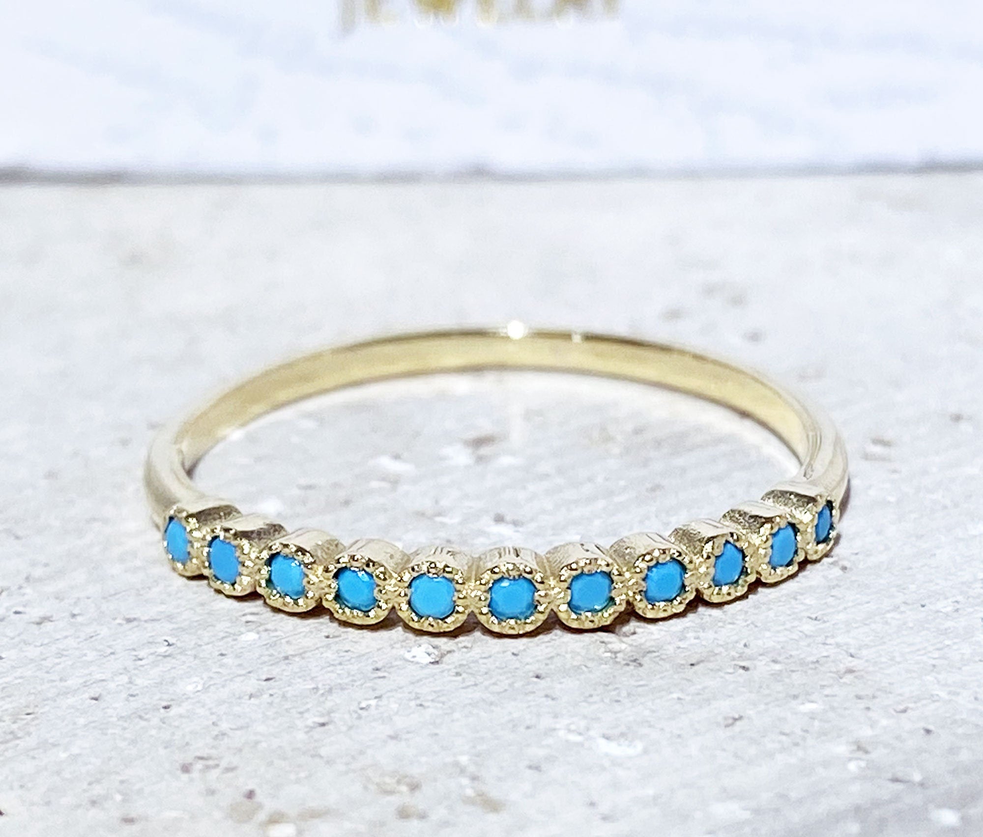 Round Blue Turquoise Eleven Stone Stacking Half Eternity Bezel Ring - H.L.Jewelry