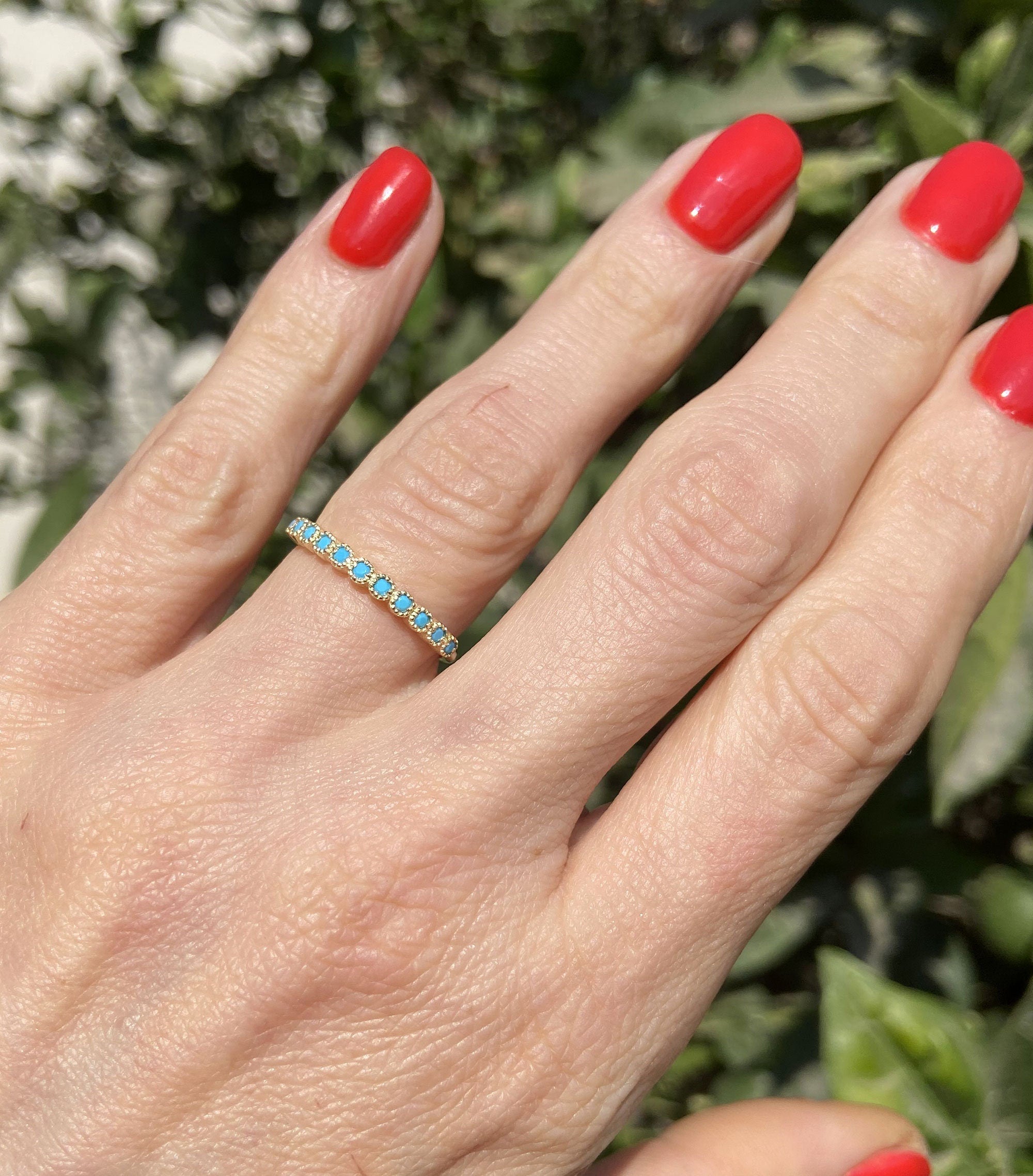 Round Blue Turquoise Eleven Stone Stacking Half Eternity Bezel Ring - H.L.Jewelry