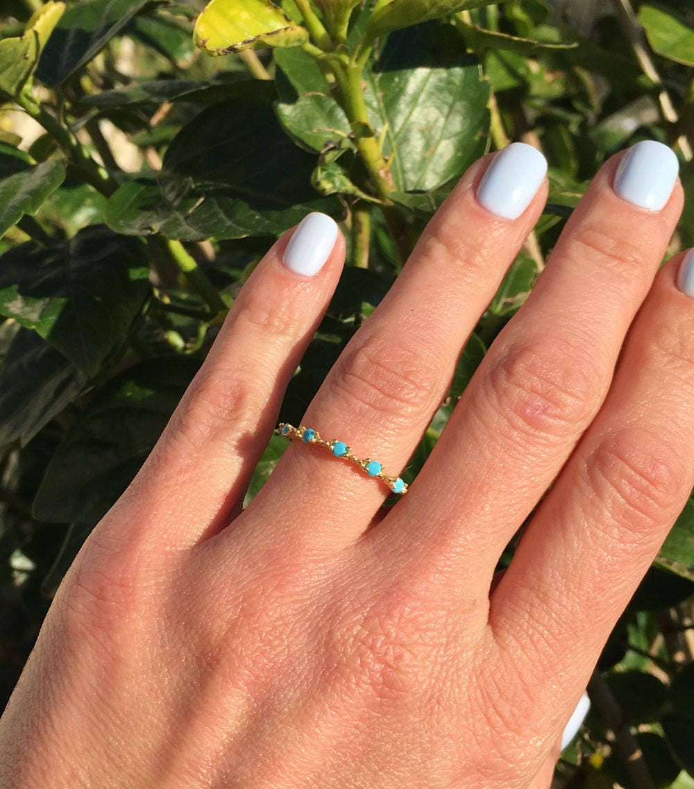 Round Blue Turquoise Five Stone Simple Stacking Ring - H.L.Jewelry
