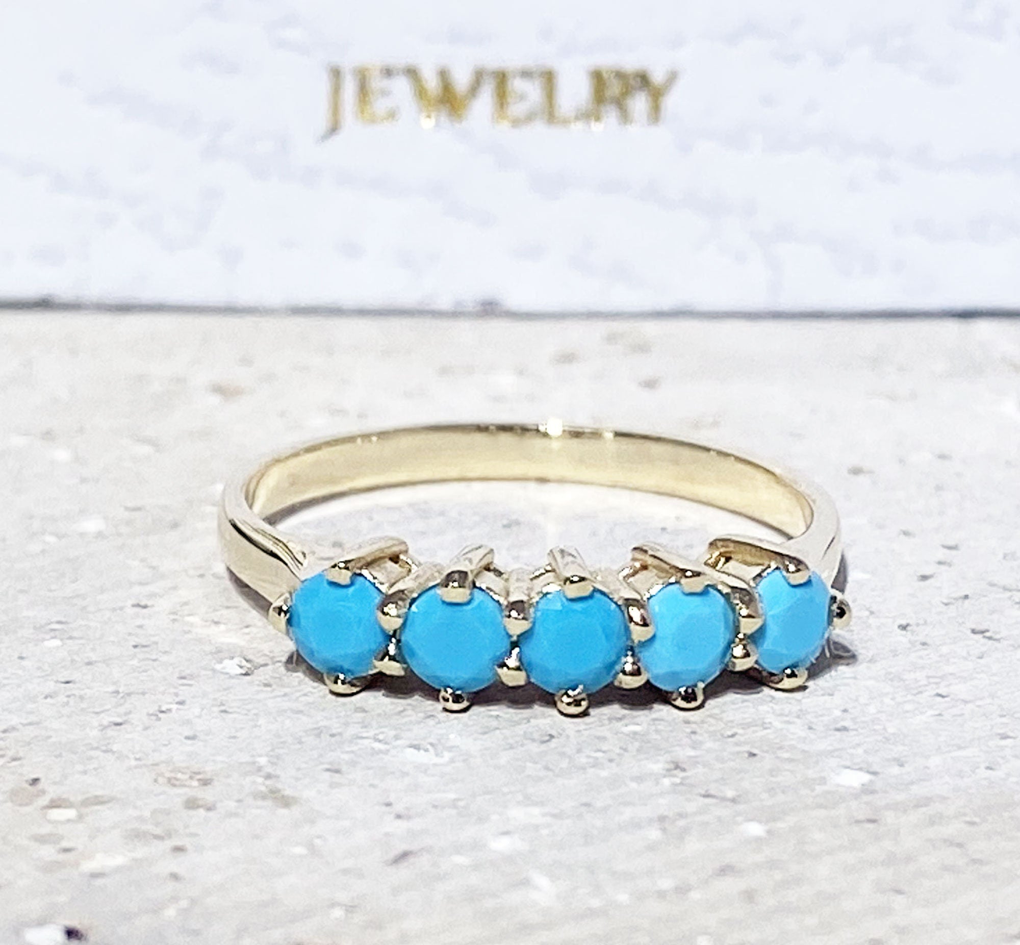 Round Blue Turquoise Five Stone Stacking Ring - H.L.Jewelry