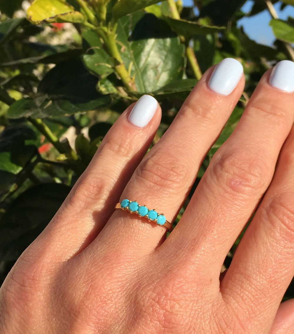 Round Blue Turquoise Five Stone Stacking Ring - H.L.Jewelry