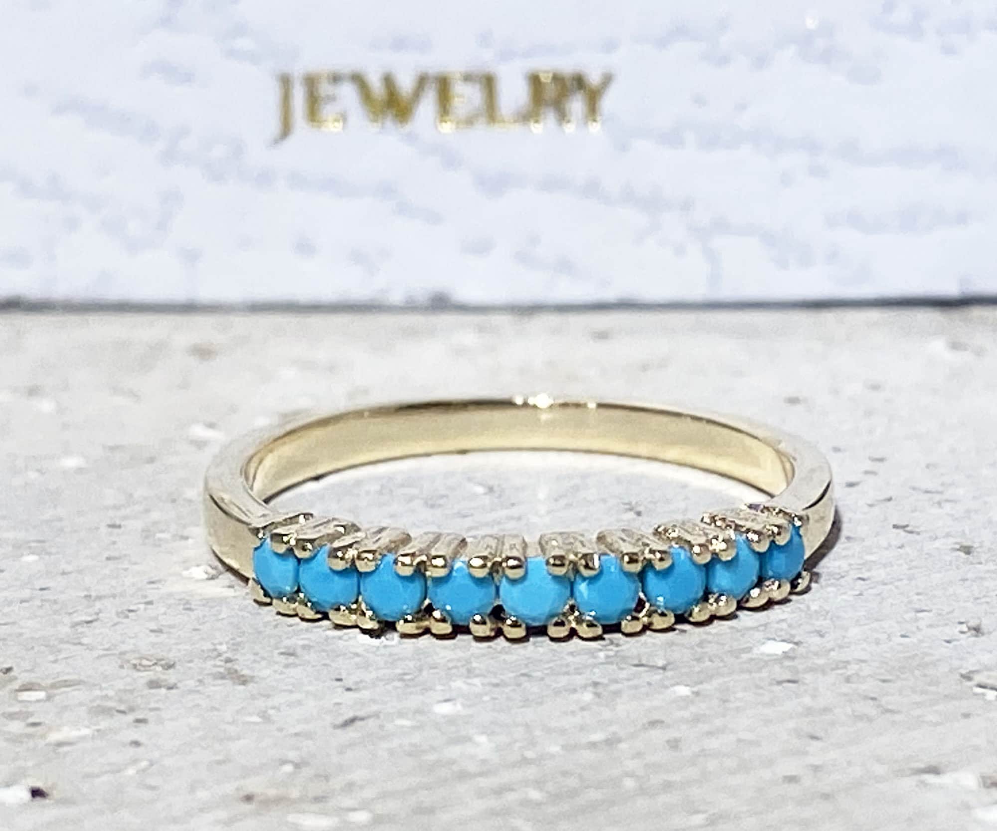 Round Blue Turquoise Nine Stone Half Eternity Stacking Ring - H.L.Jewelry