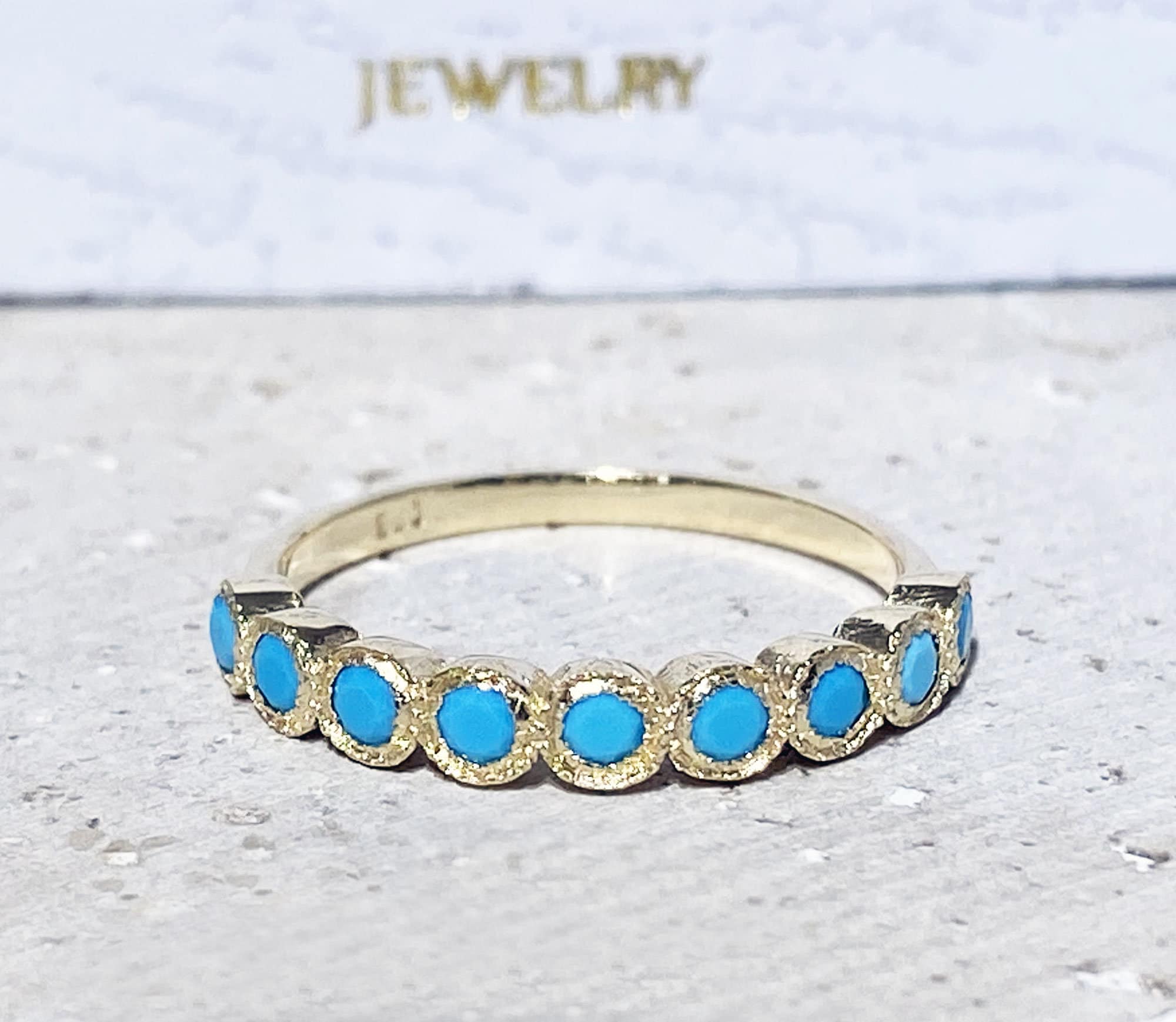 Round Blue Turquoise Nine Stone Stacking Half Eternity Bezel Ring - H.L.Jewelry