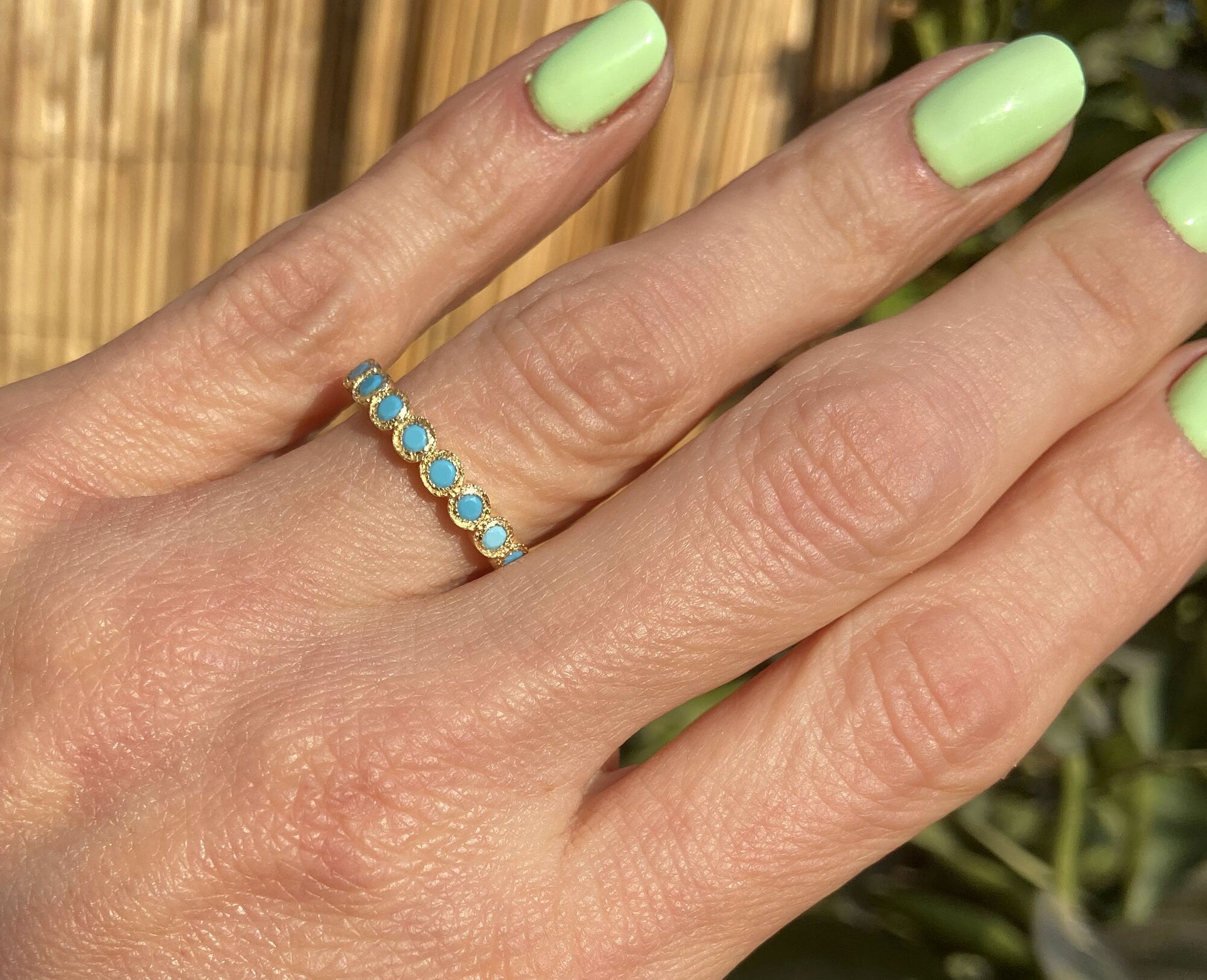 Round Blue Turquoise Nine Stone Stacking Half Eternity Bezel Ring - H.L.Jewelry