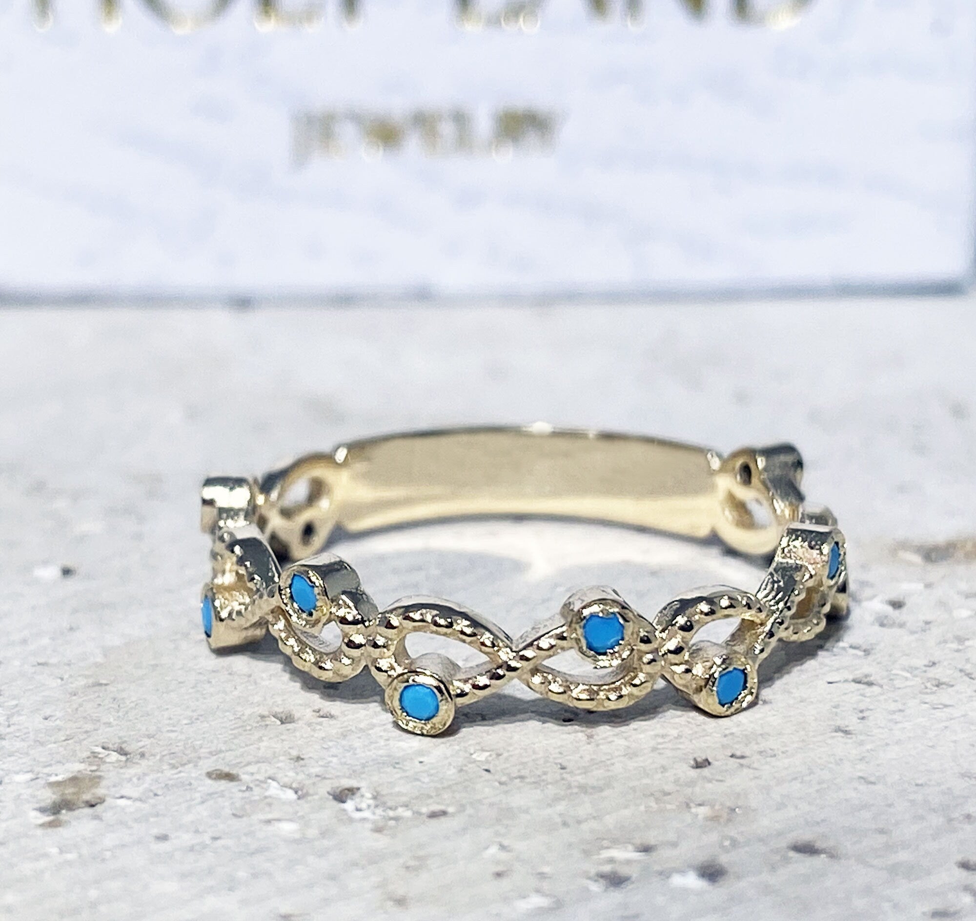 Round Blue Turquoise Ten Stone Infinity Ring - H.L.Jewelry