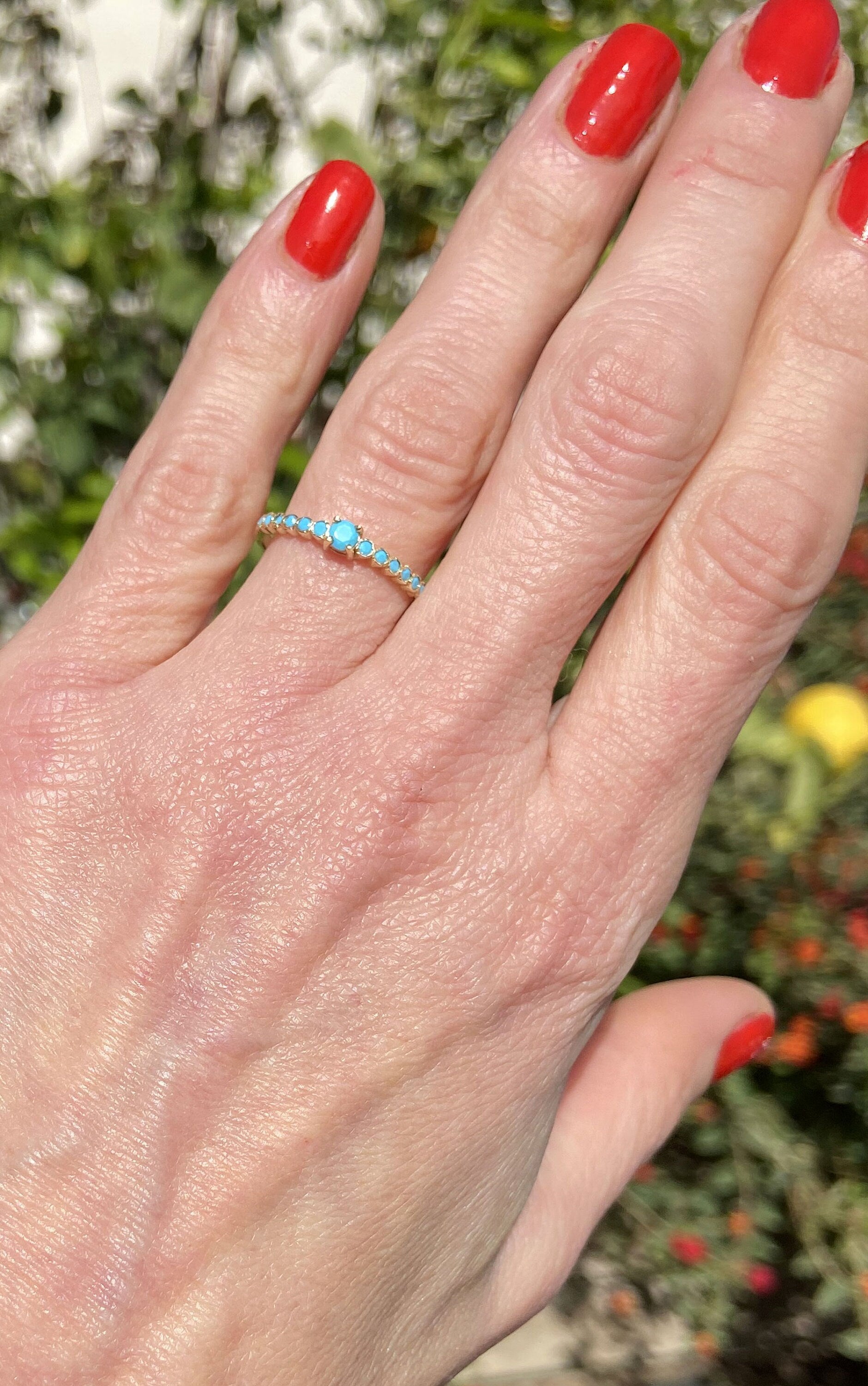 Round Blue Turquoise Thirteen Stone Stacking Half Eternity Ring - H.L.Jewelry