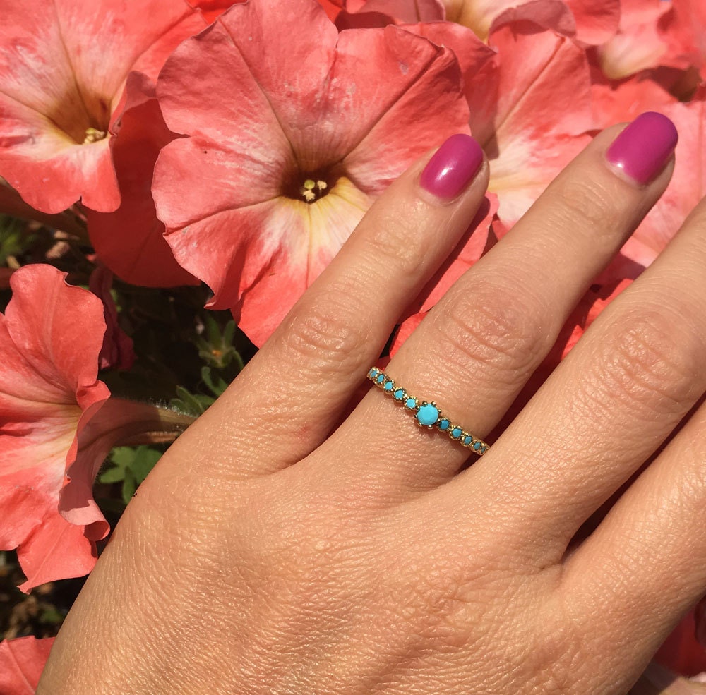 Round Blue Turquoise Thirteen Stone Stacking Half Eternity Ring - H.L.Jewelry