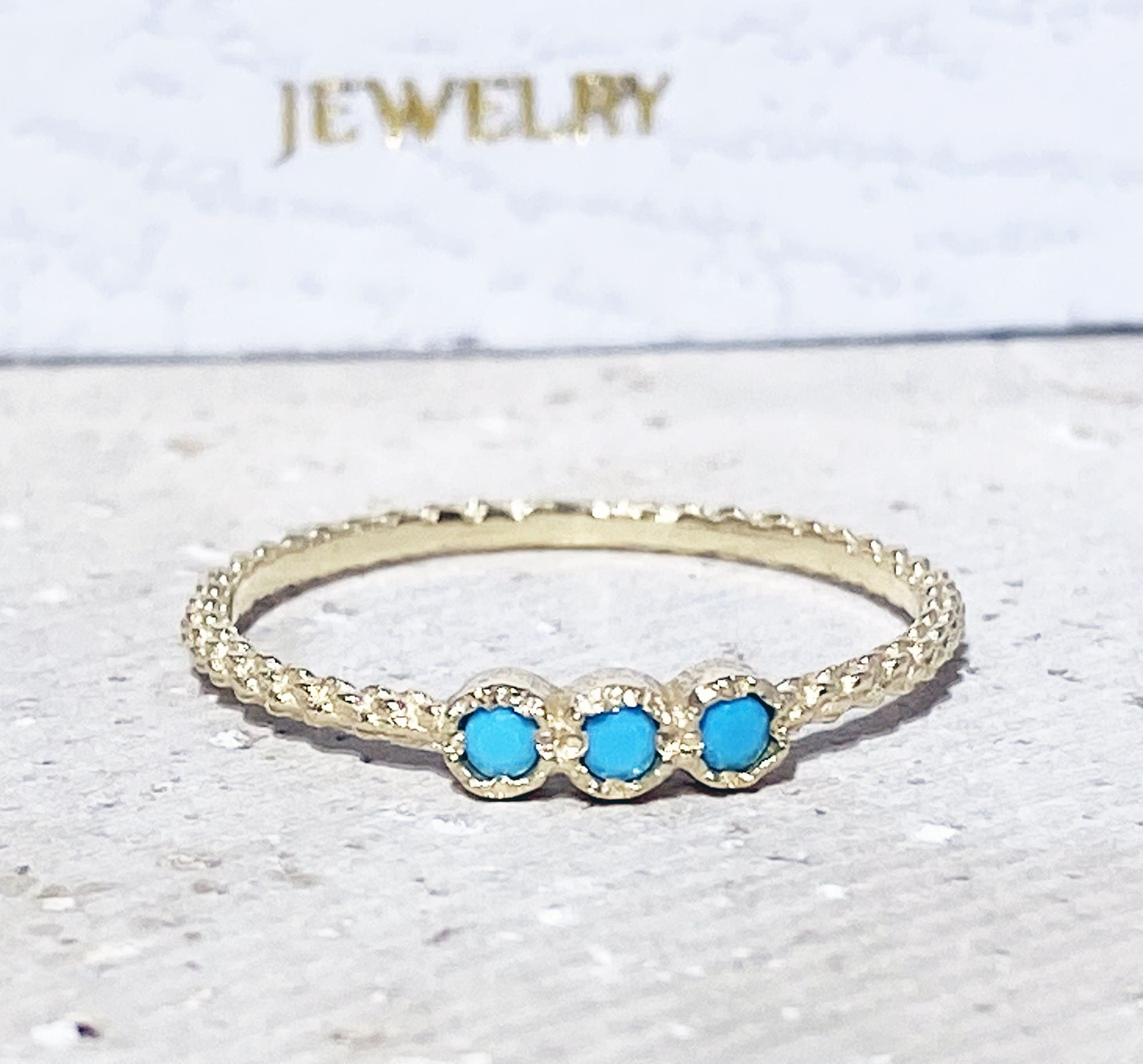 Round Blue Turquoise Three Stone Simple Stacking Ring - H.L.Jewelry
