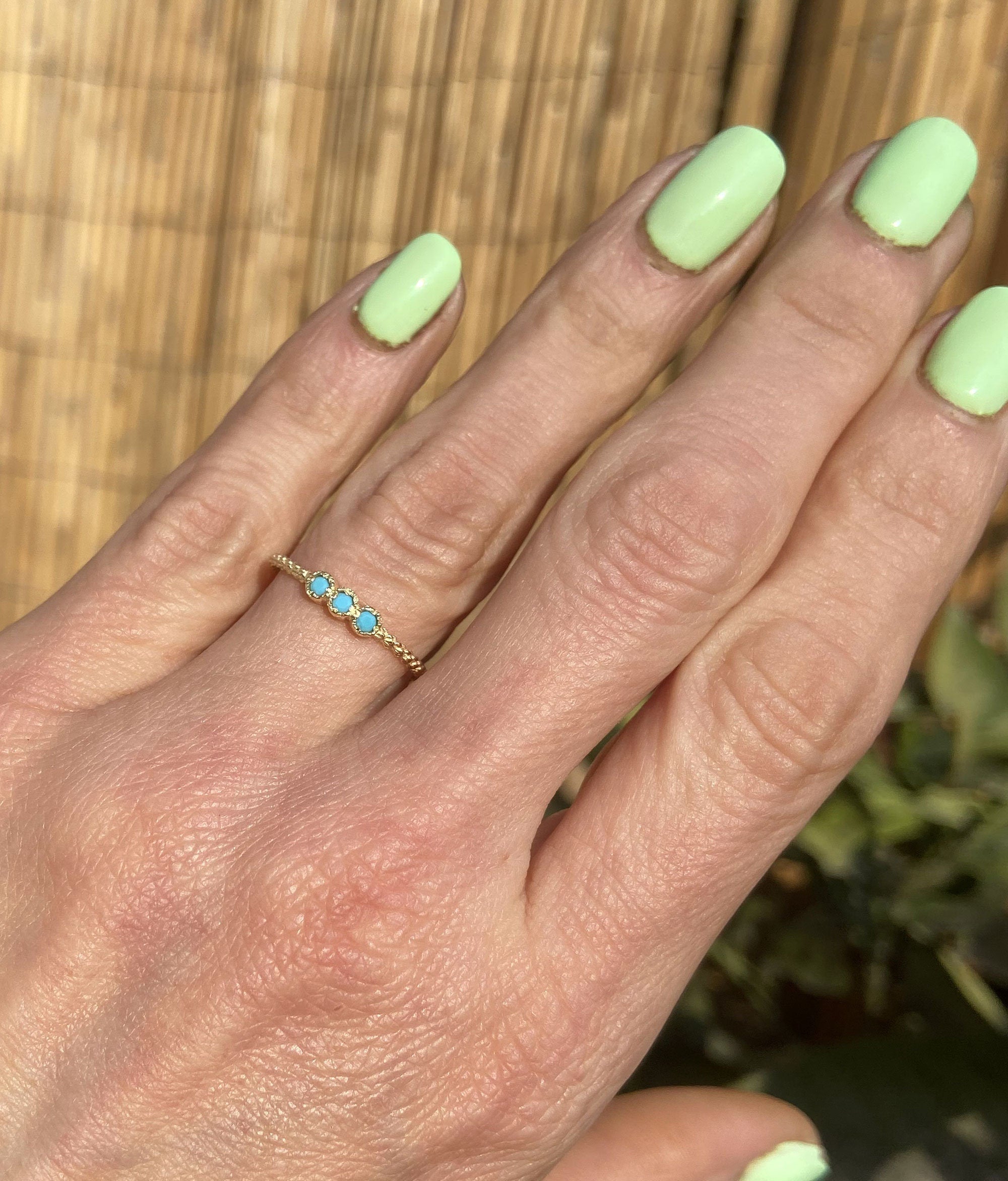 Round Blue Turquoise Three Stone Simple Stacking Ring - H.L.Jewelry