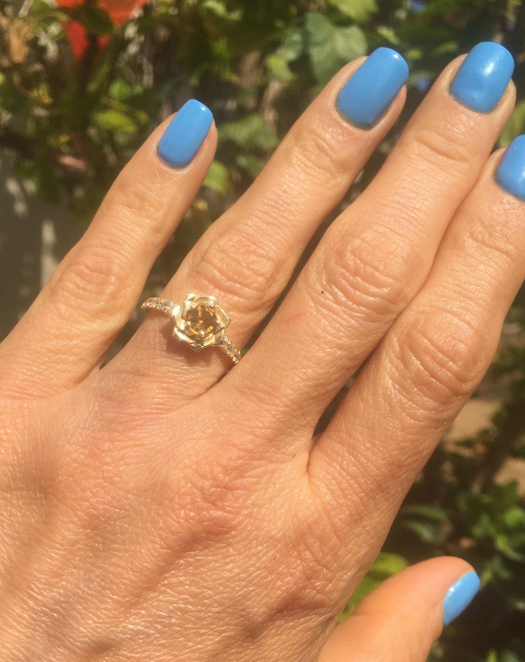 Round Citrine Camellia Ring with Clear Quartz Accents - H.L.Jewelry