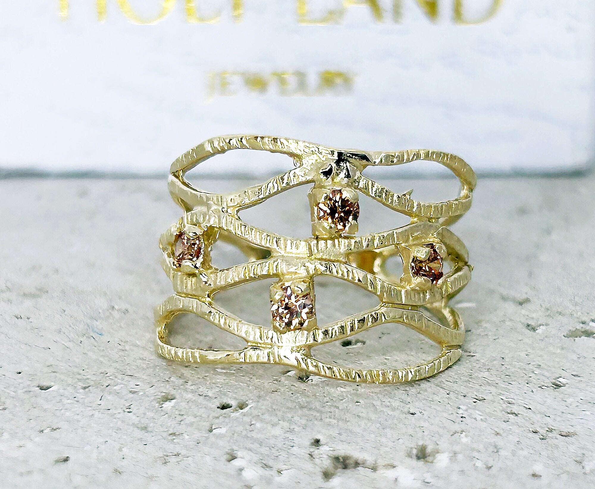 Round Citrine Four Stone Wide Hammered Band Ring - H.L.Jewelry