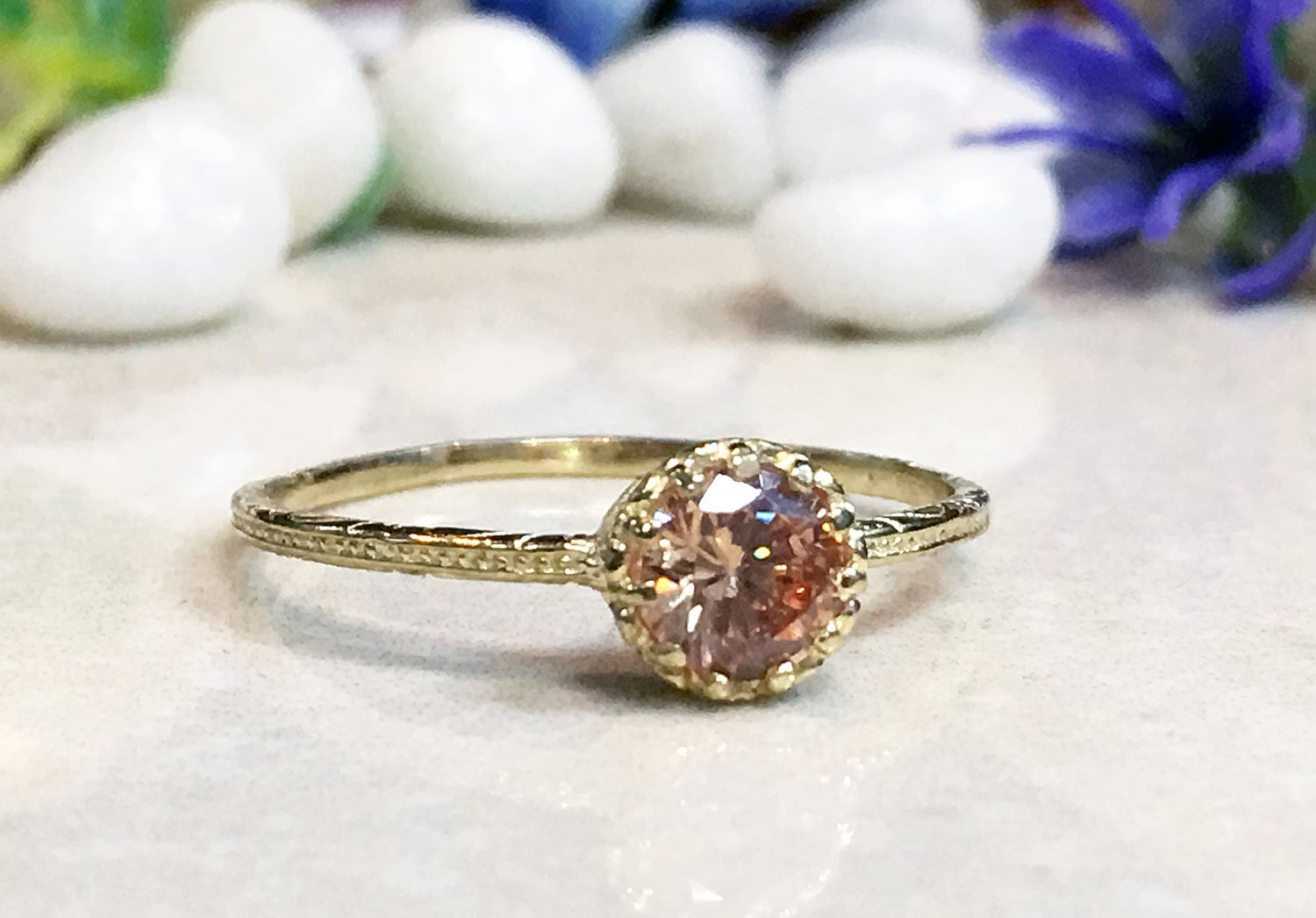 Round Citrine Simple Hammered Band Ring - H.L.Jewelry