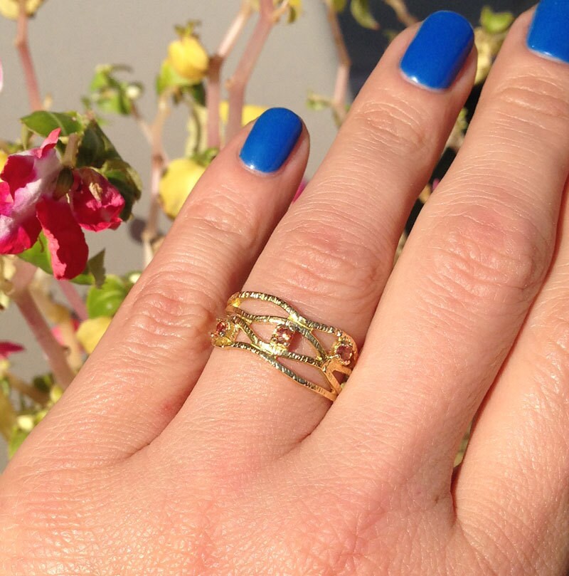 Round Citrine Three Stone Hammered Band Ring - H.L.Jewelry