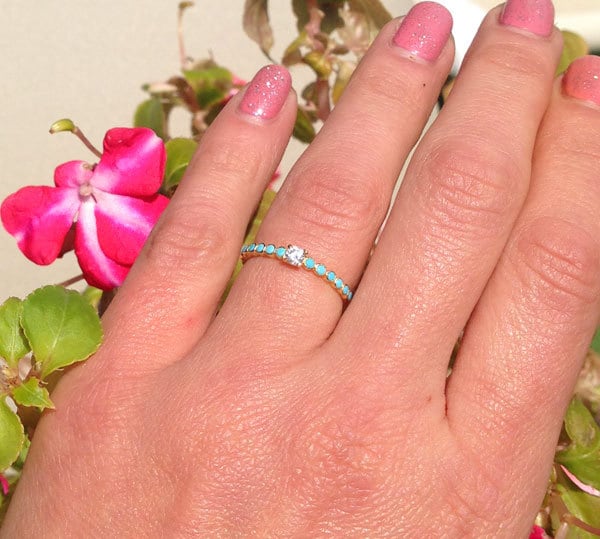 Round Clear Quartz & Blue Turquoise Thirteen-Stone Half Eternity Stacking Ring - H.L.Jewelry
