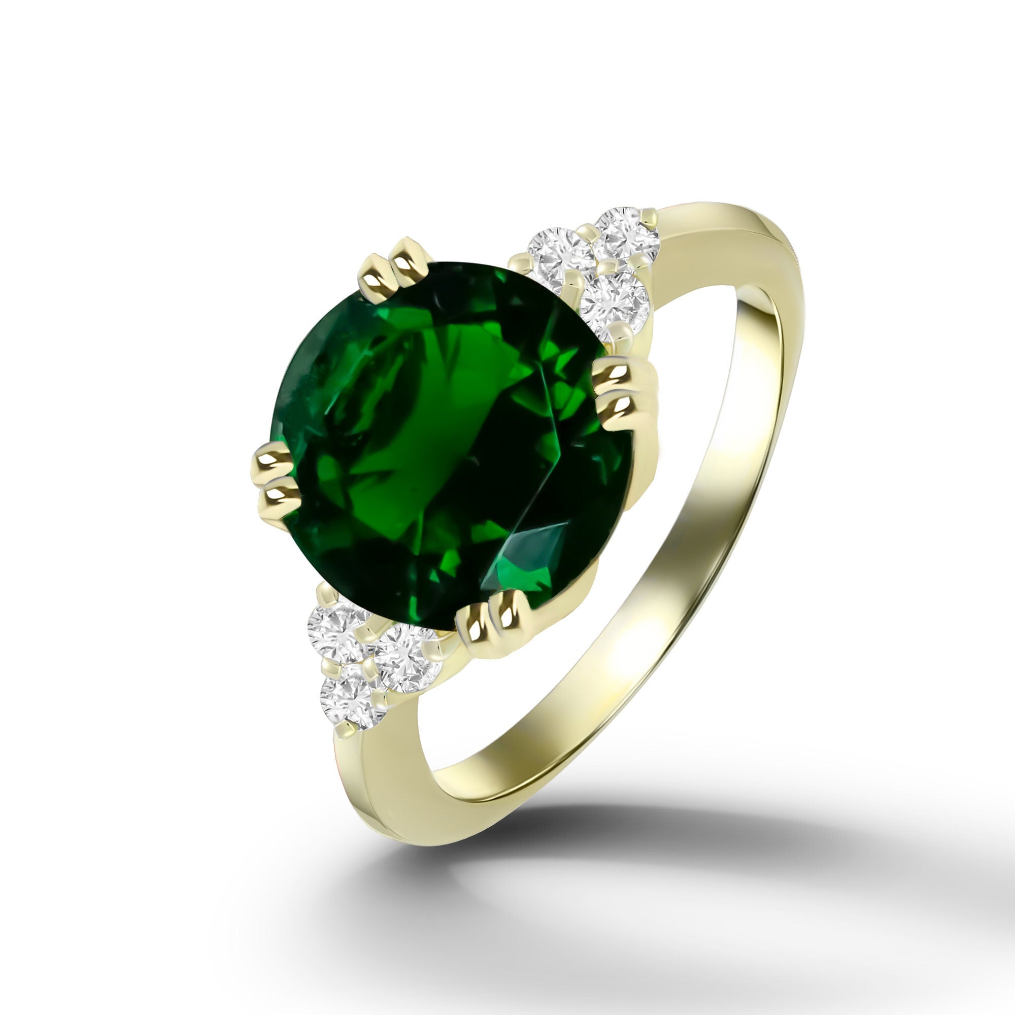 Round Emerald Engagement Ring with Clear Quartz Accents - H.L.Jewelry