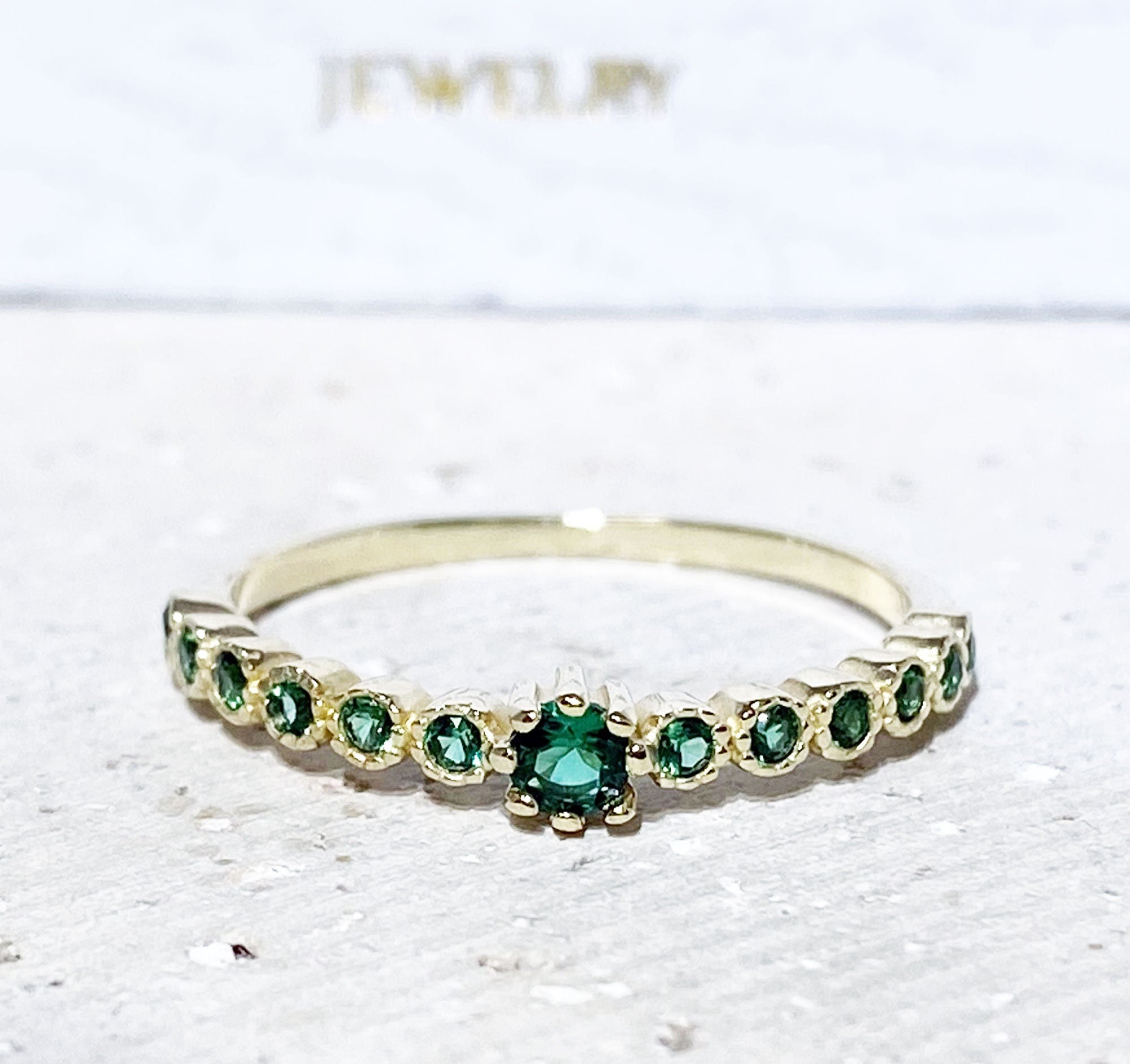 Round Emerald Thirteen Stone Stackable Half Eternity Ring - H.L.Jewelry