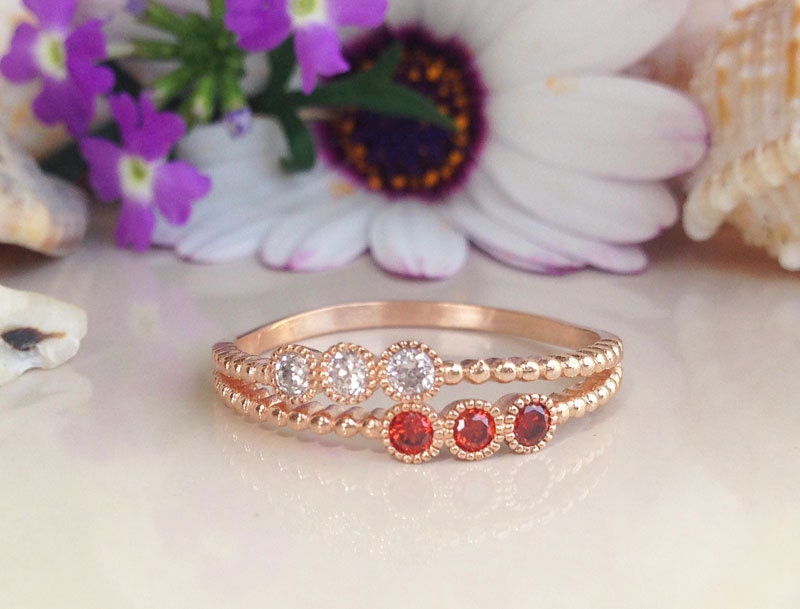 Round Garnet & Clear Quartz Six-Stone Stackable Dual Ring Set - H.L.Jewelry