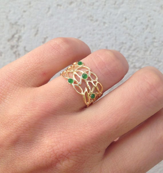 Round Green Onyx Four Stone Lace Wide Band Ring - H.L.Jewelry