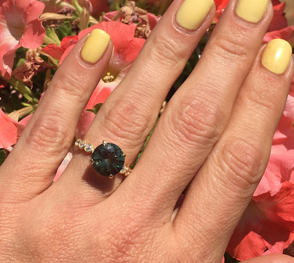 Round Green Tourmaline Engagement Ring with Clear Quartz Accents - H.L.Jewelry
