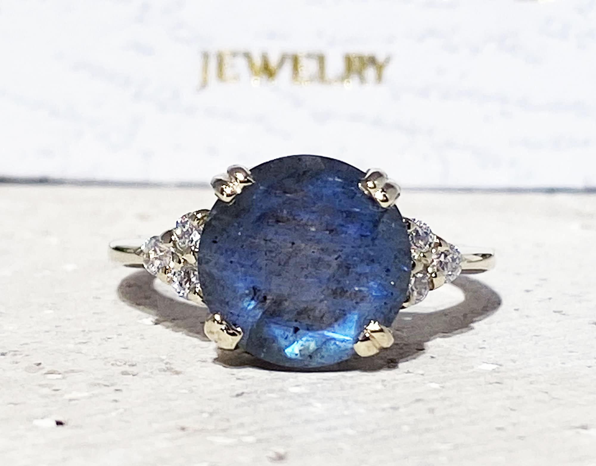 Round Labradorite Engagement Ring with Clear Quartz Accents - H.L.Jewelry