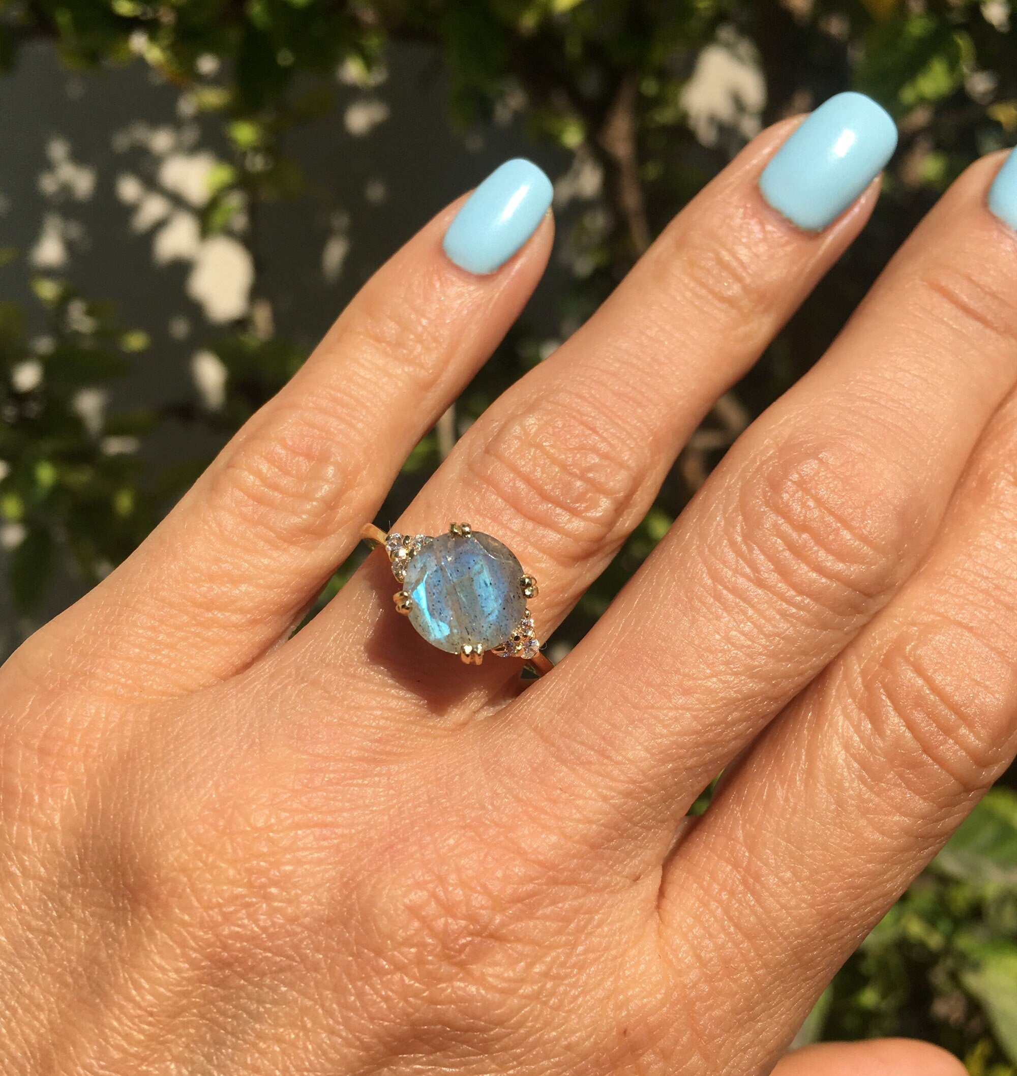 Round Labradorite Engagement Ring with Clear Quartz Accents - H.L.Jewelry